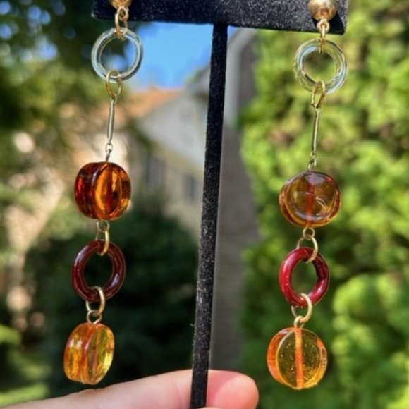 VTG Lucite Amber/Brown/Yellow/Clear Round Disc Earrings Necklace SET - Picture 2 of 6